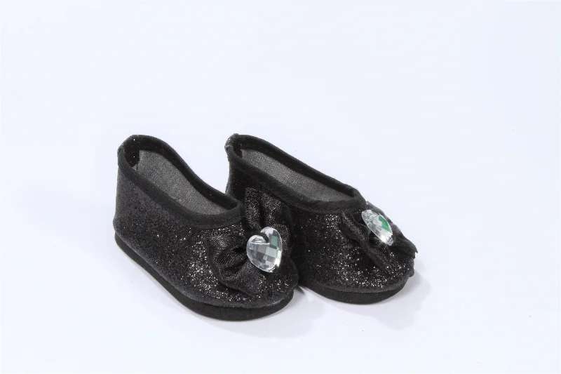 Retro-style role-playing dollhouse for nostalgic play-Black Glittery Flats with Jeweled Bow