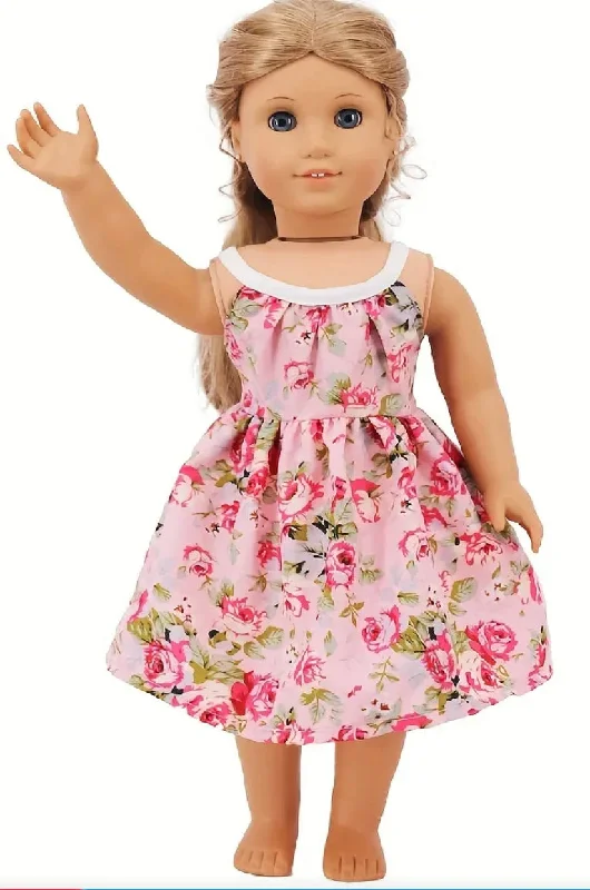 Modern role-playing dollhouse with realistic rooms-Cute One-Piece Pink Flower Print Dress Made to Fit Popular 18 Inch Dolls