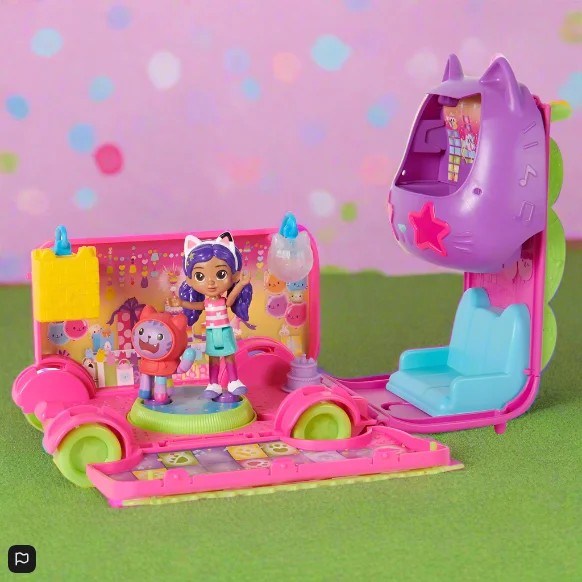 Wooden doll house for eco-conscious parents-Gabby's Dollhouse Purrfect Party Bus Set