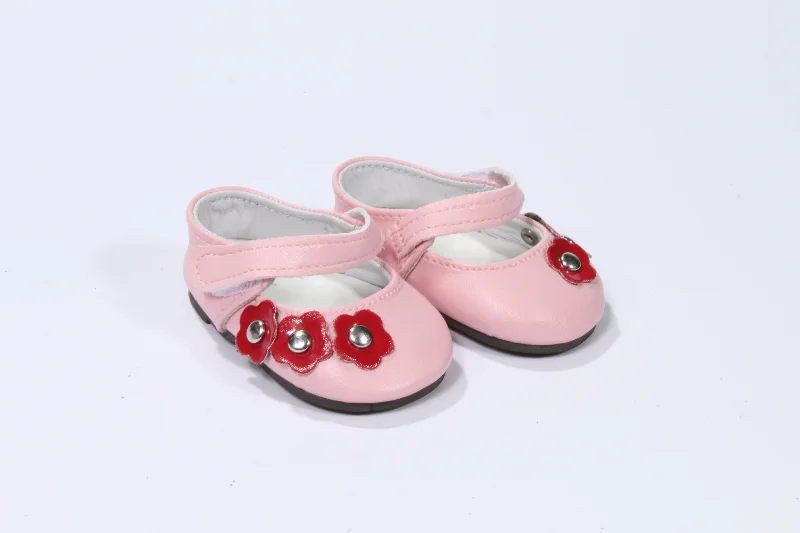 Miniature role-playing dollhouse with tiny furniture-Lovely Pink Strap Shoes with Red Flower Accents