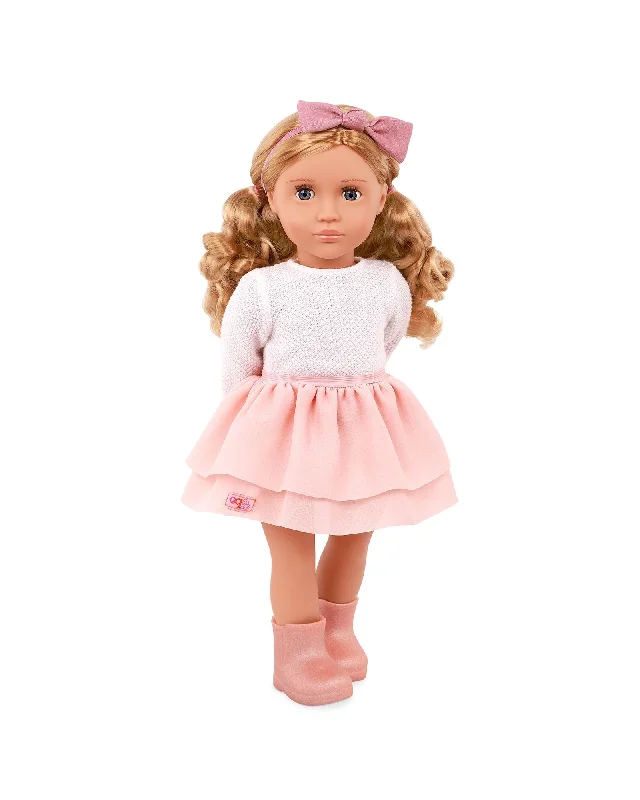 Wooden doll house with open design for easy play access-Our Generation Doll with Pink Frilly Skirt Outfit, Effie