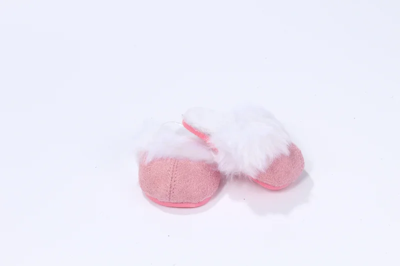 Small wooden role-playing dollhouse with foldable design-Pink Suede Slippers with Fur Trim