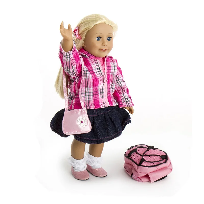 Simple role-playing dollhouse for young children-Plaid and Denim skirt outfit with bag