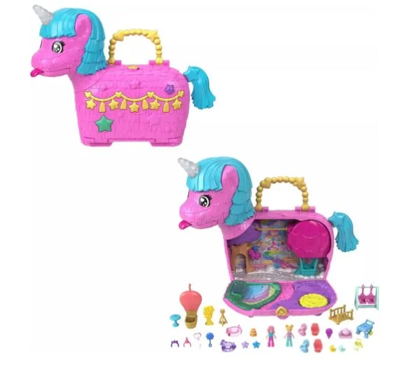 Role-playing dollhouse with a dining area and living room-POLLY POCKET - UNICORN PARTYLAND COMPACT PLAYSET