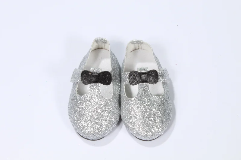 Role-playing dollhouse with educational features-Silver Glitter T-Strap Shoes