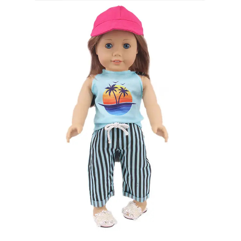 Role-playing dollhouse with family figures and accessories-Three-Piece Summer Outfit with Cap, Cargo Pants and Cap Made to fit 18 inch Dolls