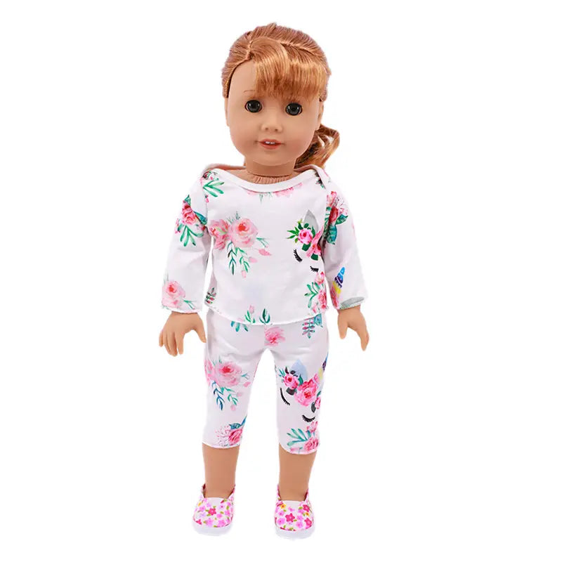 Dollhouse playset with pets for role-playing games-Unicorn Face Floral Pajama Set Made to Fit Popular 18 inch Dolls