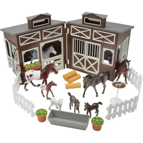 Farm animal playing characters for children’s role play-Deluxe Horse Stable Play Set | 4 Horses, 4 Ponies, White Corral & Accessories