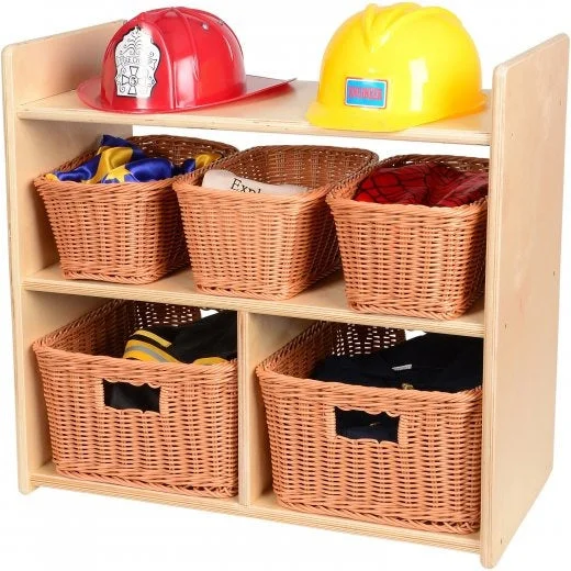 Toy playing characters for fantasy-based role play-Wooden Dress-Up Storage Shelf with 5 Baskets