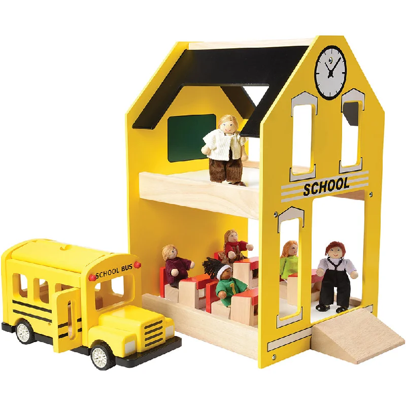 Construction worker playing characters for building games-Let's Play School Wooden Playset | Schoolhouse with Chalkboard, Bus, Teacher & 4 Desks