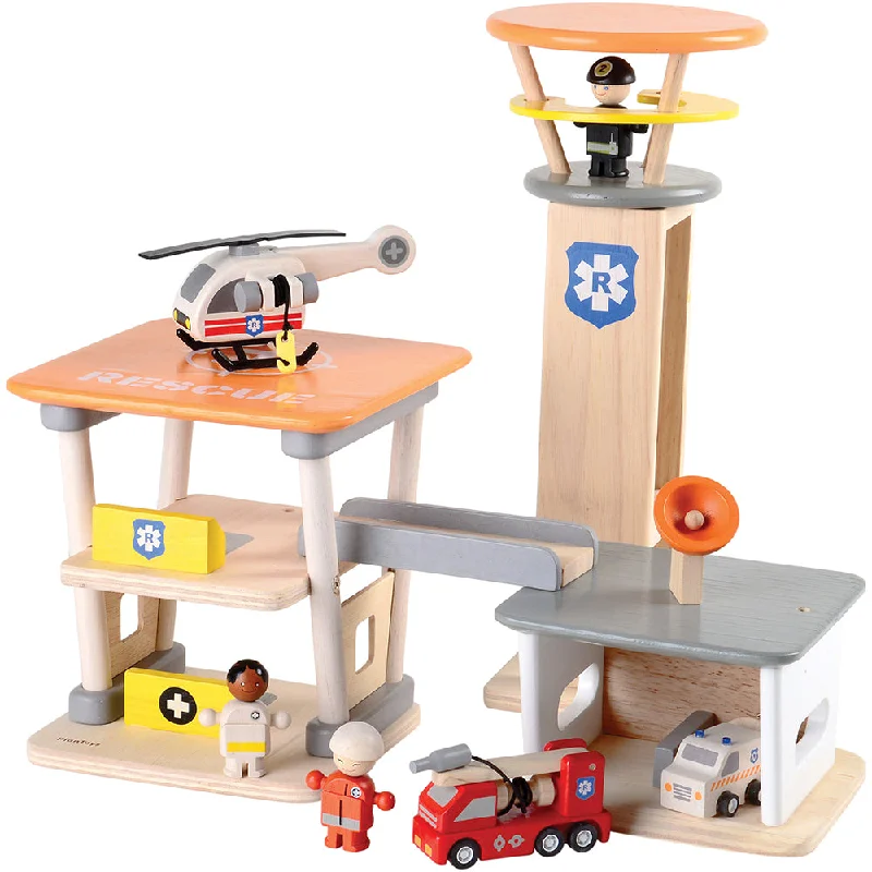 Custom-built playing characters for tailored experiences-Wooden Rescue Center with Three Figures, Helicopter, Ambulance and Fire Truck